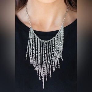 Elegant Silver Chain Fringe Necklace & Earrings Set